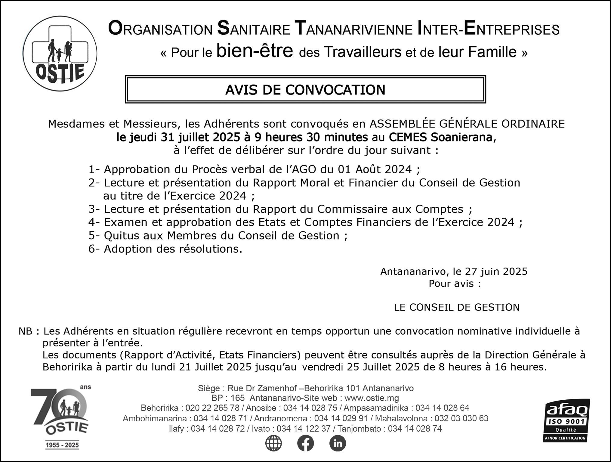 Avis de convocation pour les adhérents